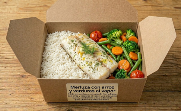Merluza con arroz y verduras al vapor